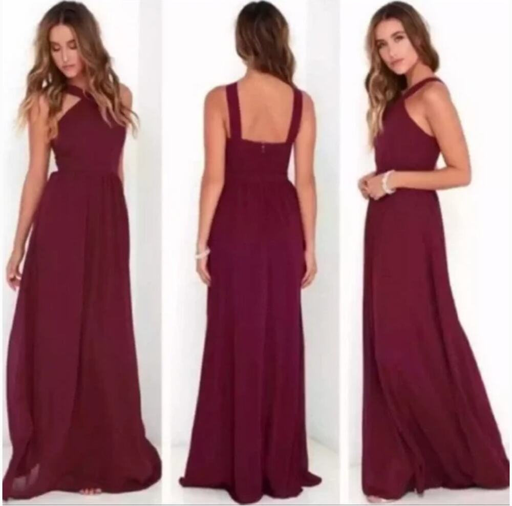 LULUS NWT Air of Romance Burgundy Halter Maxi Bridesmaids Formal Dress // L